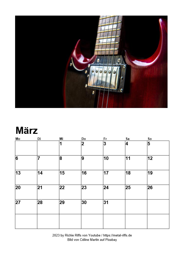Kalender zum Ausdrucken 2025 KOSTENLOS - Gitarrenbilder